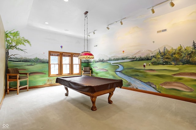 recreation room featuring rail lighting, lofted ceiling, and billiards