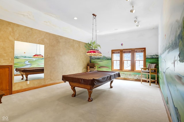 playroom with rail lighting, light carpet, and pool table