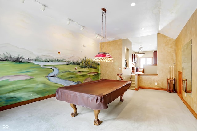 playroom with light colored carpet, lofted ceiling, and pool table