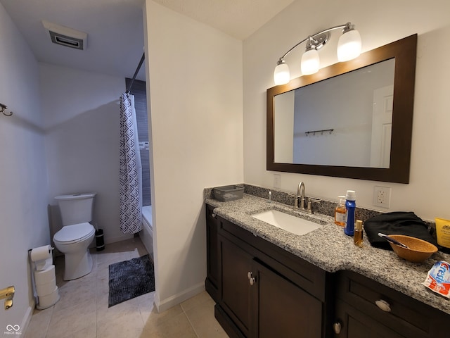 full bathroom with vanity, toilet, tile patterned floors, and shower / bathtub combination with curtain