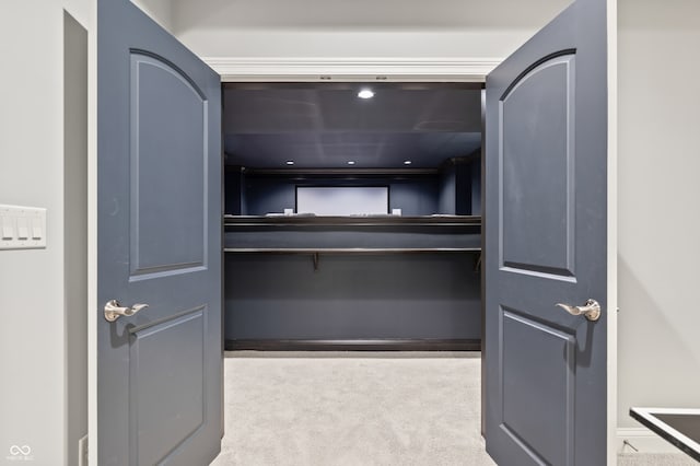 spacious closet featuring light colored carpet