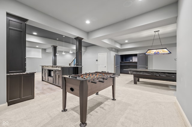 game room featuring light carpet