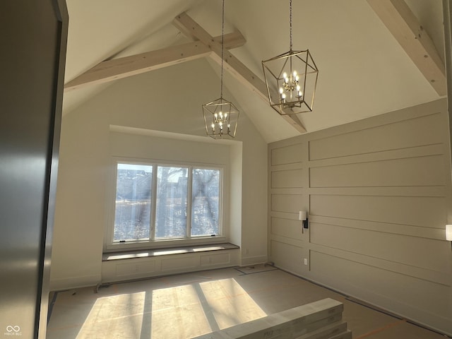 interior space with beamed ceiling, high vaulted ceiling, and an inviting chandelier