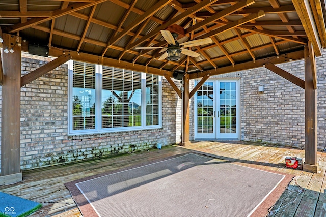 view of patio featuring a gazebo, french doors, ceiling fan, and a deck