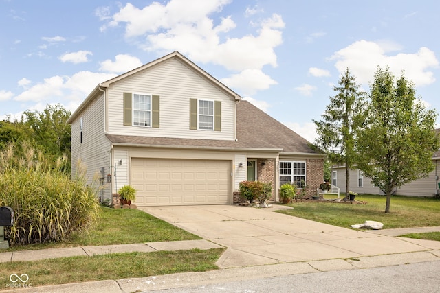 traditional-style home with brick siding, a garage, concrete driveway, and a front lawn