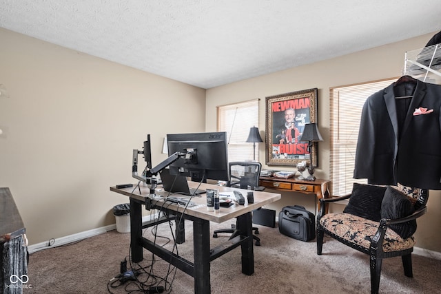 home office featuring baseboards, carpet, and a textured ceiling