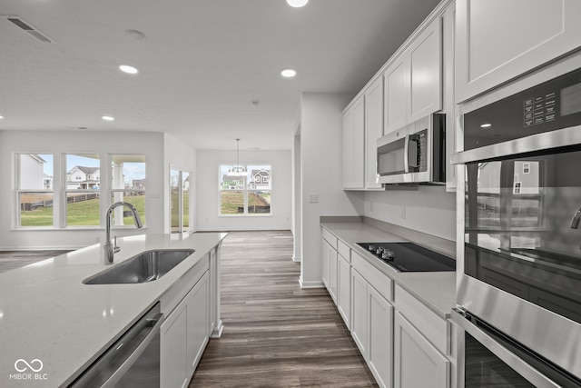 kitchen with dark wood-type flooring, white cabinetry, appliances with stainless steel finishes, and sink