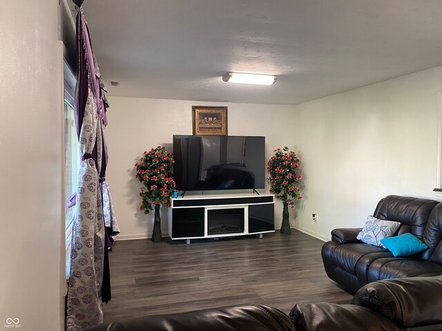 living room with dark hardwood / wood-style floors