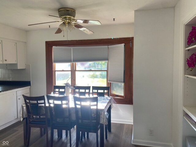 dining room with ceiling fan and dark hardwood / wood-style floors