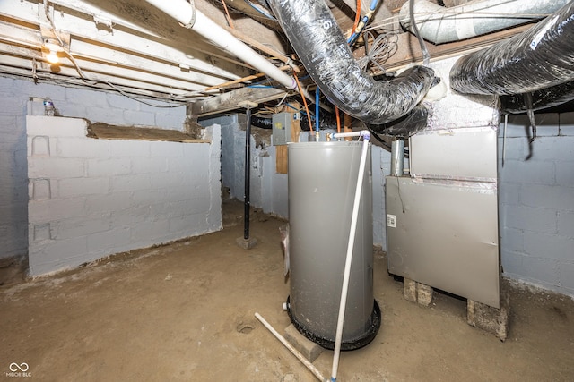 utility room with water heater, electric panel, and heating unit