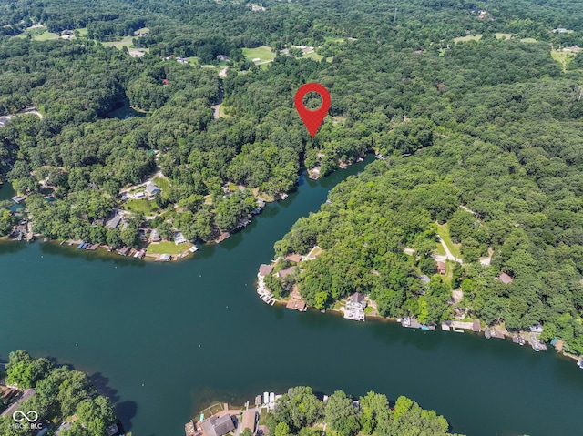 aerial view featuring a water view and a wooded view