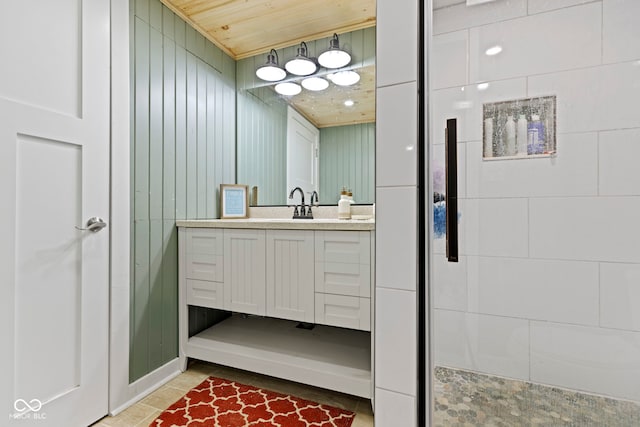 bathroom with wooden ceiling and vanity