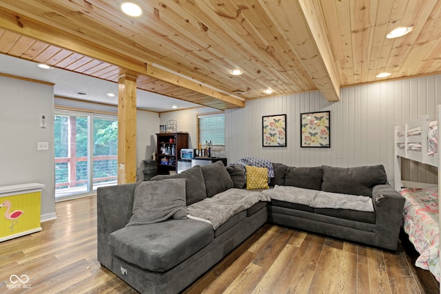 living area featuring wood ceiling, wood finished floors, beam ceiling, and recessed lighting