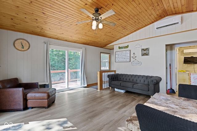 living area with a wall mounted air conditioner, wood finished floors, and wood ceiling