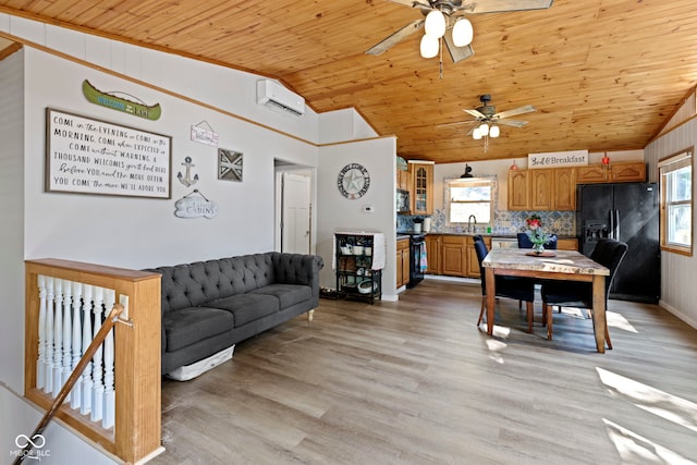 living room with light wood-type flooring, a wealth of natural light, wooden ceiling, and a wall mounted air conditioner