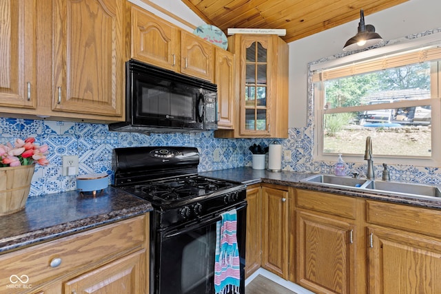 kitchen with tasteful backsplash, glass insert cabinets, a sink, wooden ceiling, and black appliances