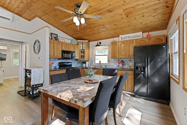 dining room featuring lofted ceiling, wooden ceiling, light wood-style flooring, and a wall mounted AC