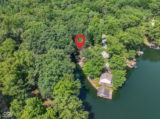 drone / aerial view featuring a water view and a wooded view