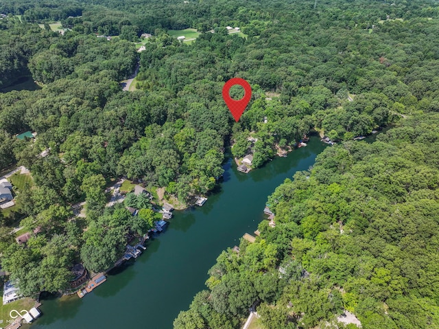 aerial view with a water view and a wooded view