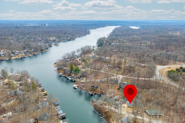 aerial view featuring a water view and a wooded view