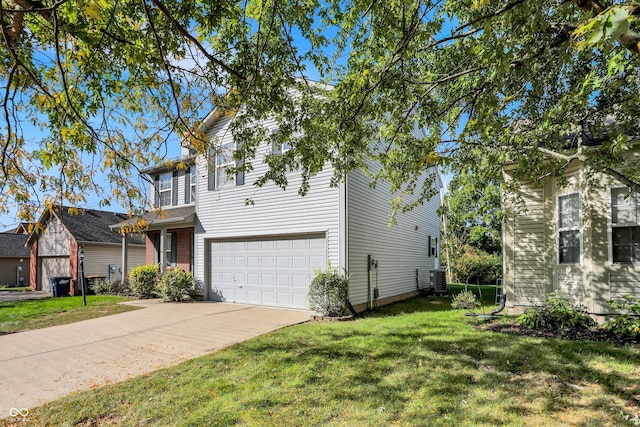 traditional-style home with a front lawn, an attached garage, brick siding, and driveway