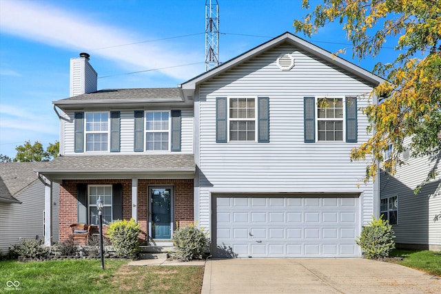 traditional-style home with brick siding, roof with shingles, a chimney, a garage, and driveway