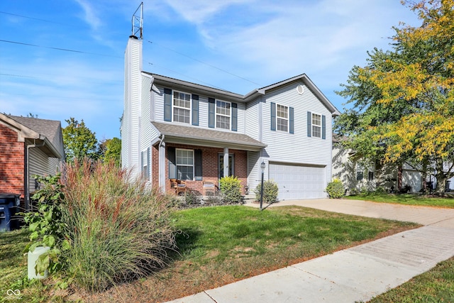 traditional home featuring driveway, a porch, an attached garage, brick siding, and a chimney