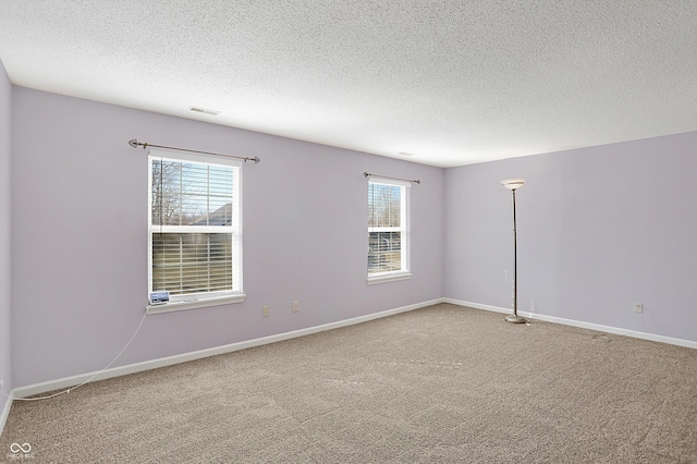 spare room with baseboards, a textured ceiling, a healthy amount of sunlight, and carpet flooring