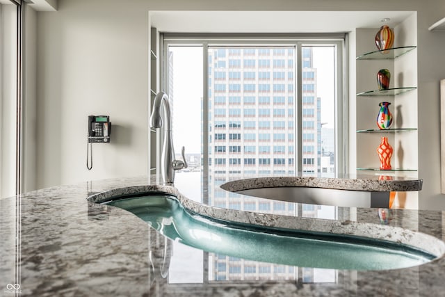 room details featuring light stone counters and a hot tub