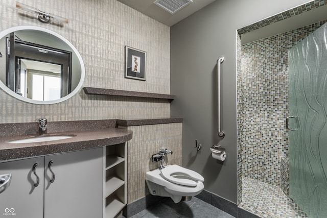 bathroom with tile patterned flooring, a shower with door, toilet, and vanity