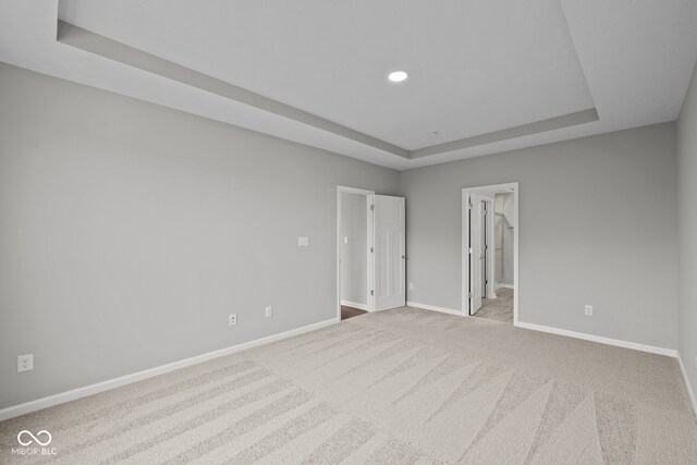 carpeted empty room featuring a raised ceiling