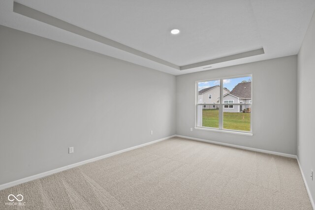 carpeted empty room with a raised ceiling