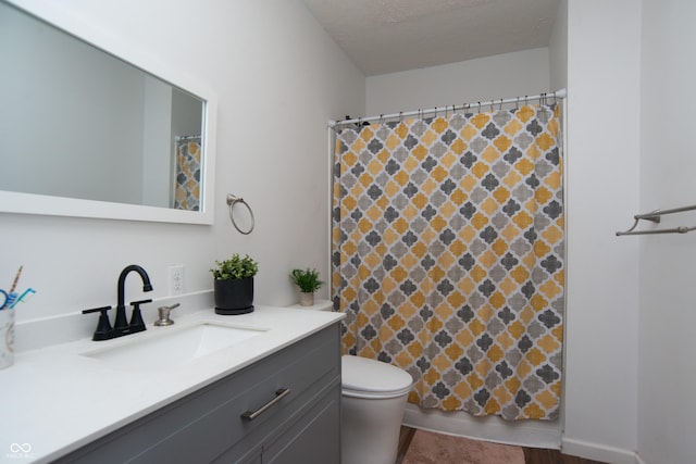 bathroom featuring vanity, a textured ceiling, toilet, and a shower with shower curtain