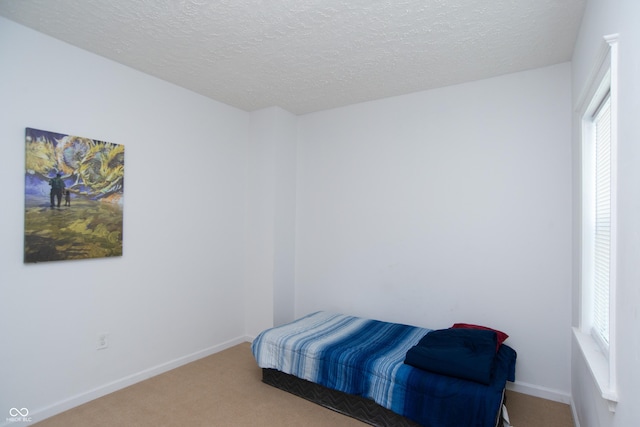 bedroom with carpet and a textured ceiling