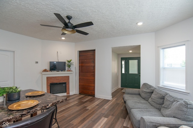 living room with plenty of natural light, a textured ceiling, a fireplace, and dark hardwood / wood-style flooring