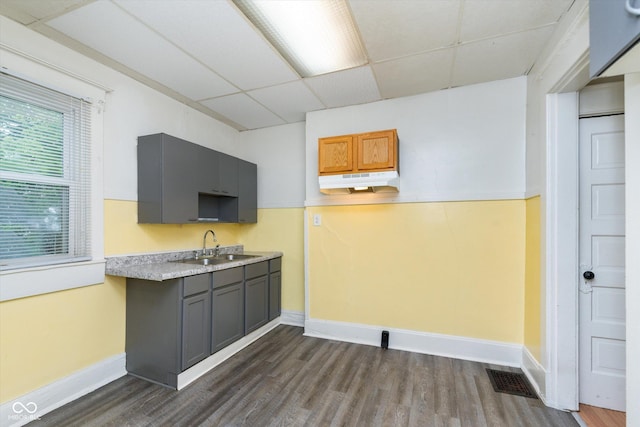 kitchen with dark hardwood / wood-style floors, a drop ceiling, and sink