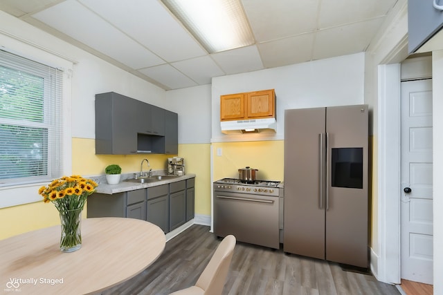 kitchen featuring high end appliances, light hardwood / wood-style floors, sink, a drop ceiling, and gray cabinetry