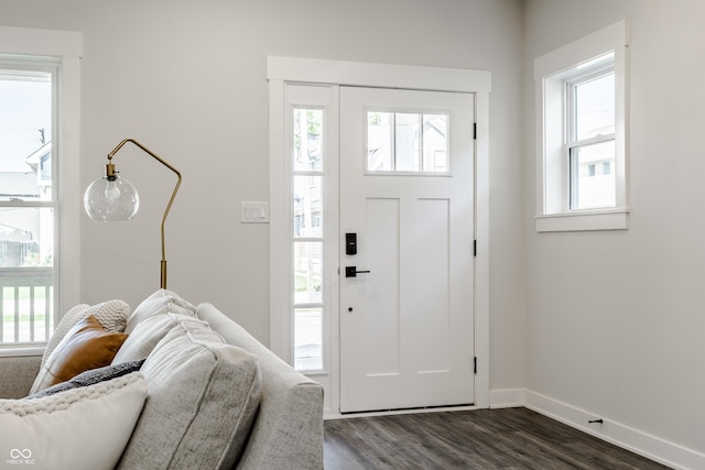 foyer entrance with a wealth of natural light, dark wood-style flooring, and baseboards