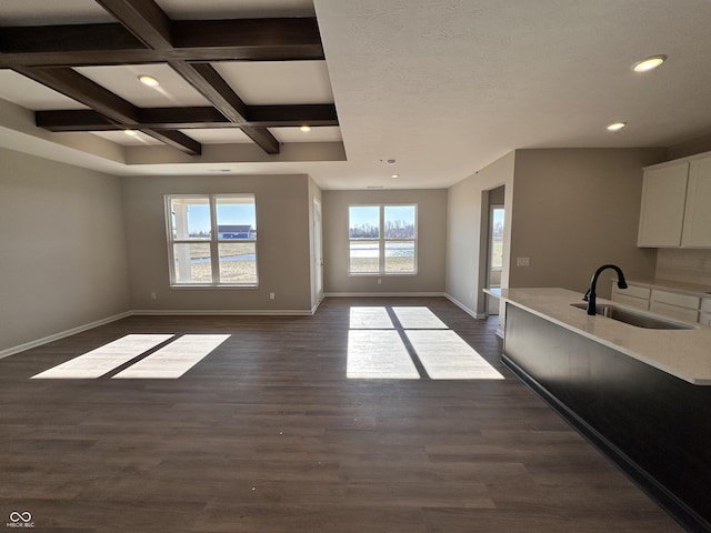 interior space featuring coffered ceiling, white cabinets, sink, dark hardwood / wood-style floors, and beam ceiling