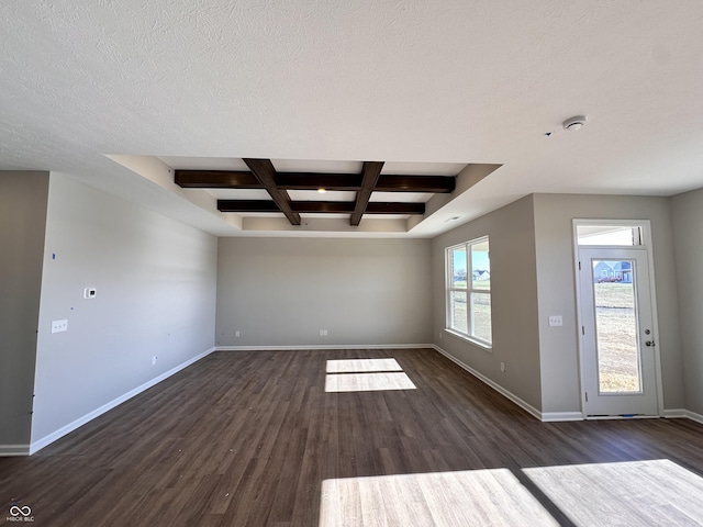 unfurnished room with beam ceiling, dark hardwood / wood-style flooring, a textured ceiling, and coffered ceiling