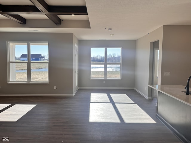 interior space featuring beamed ceiling, plenty of natural light, and dark wood-type flooring