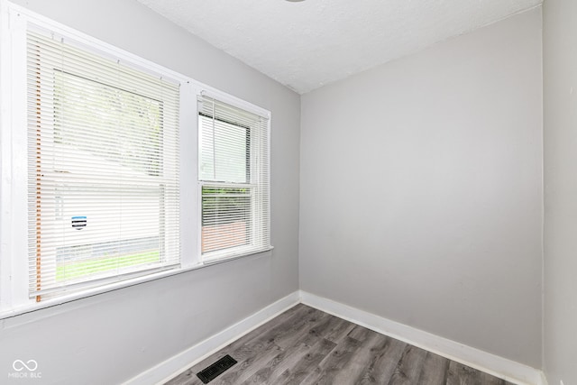 spare room featuring dark hardwood / wood-style floors, a wealth of natural light, and a textured ceiling