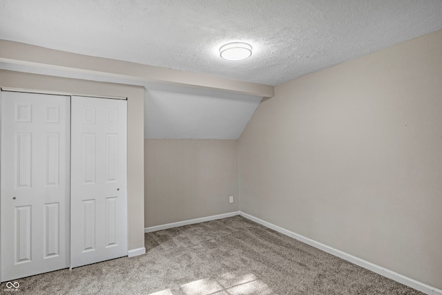 additional living space featuring vaulted ceiling, carpet, and a textured ceiling