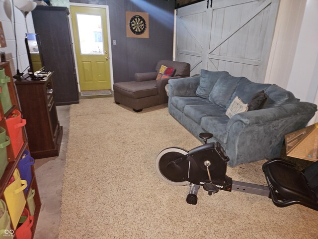 living area featuring light carpet and a barn door