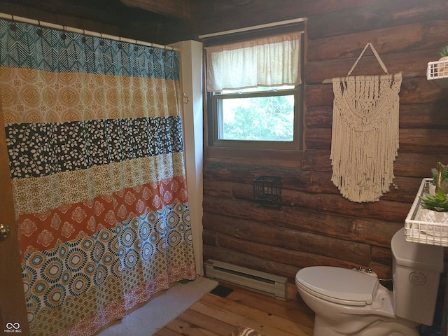 full bath with a shower with shower curtain, toilet, and baseboard heating