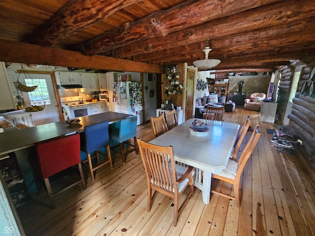 dining space featuring wooden ceiling, light wood-style flooring, and beam ceiling