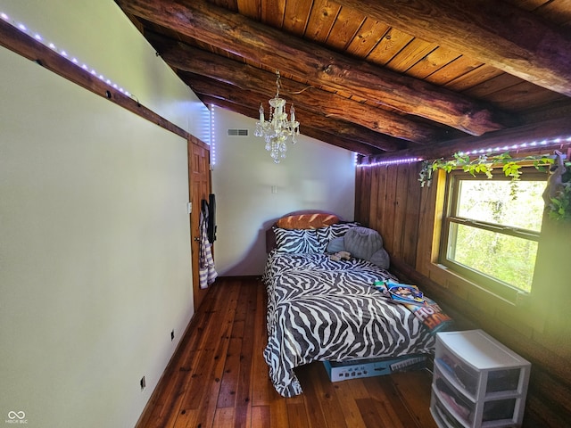 bedroom featuring dark wood-style floors, wood ceiling, visible vents, and beamed ceiling