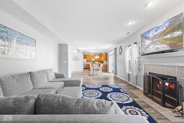 living room with light hardwood / wood-style flooring and a fireplace