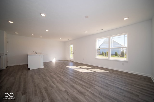 unfurnished living room featuring sink and dark hardwood / wood-style floors