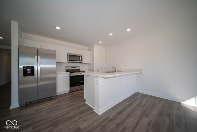 kitchen with sink, stainless steel appliances, white cabinets, dark hardwood / wood-style flooring, and kitchen peninsula